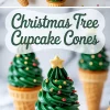 Vertical collage featuring overhead and front views of festive Christmas tree cupcake cones with bright green frosting swirled into tree shapes, gold stars, and red and yellow sugar pearls, with a central label reading “Christmas Tree Cupcake Cones”.
