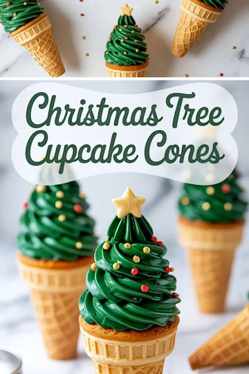 Vertical collage featuring overhead and front views of festive Christmas tree cupcake cones with bright green frosting swirled into tree shapes, gold stars, and red and yellow sugar pearls, with a central label reading “Christmas Tree Cupcake Cones”.
