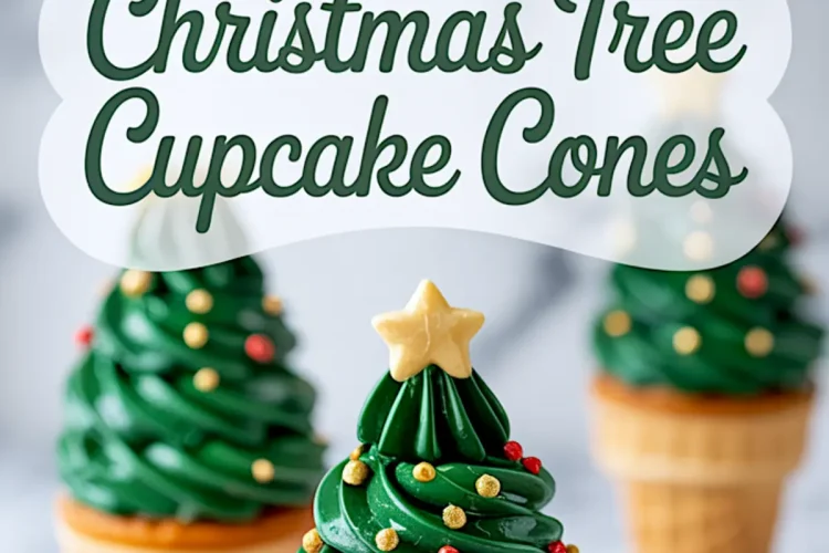 Vertical collage featuring overhead and front views of festive Christmas tree cupcake cones with bright green frosting swirled into tree shapes, gold stars, and red and yellow sugar pearls, with a central label reading “Christmas Tree Cupcake Cones”.