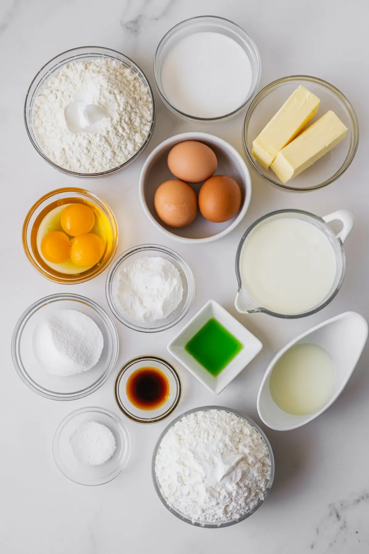 Flat lay of baking ingredients in clear and white bowls including flour, sugar, butter, eggs, milk, vanilla extract, green food coloring, baking soda, and cornstarch arranged neatly on a white countertop.
