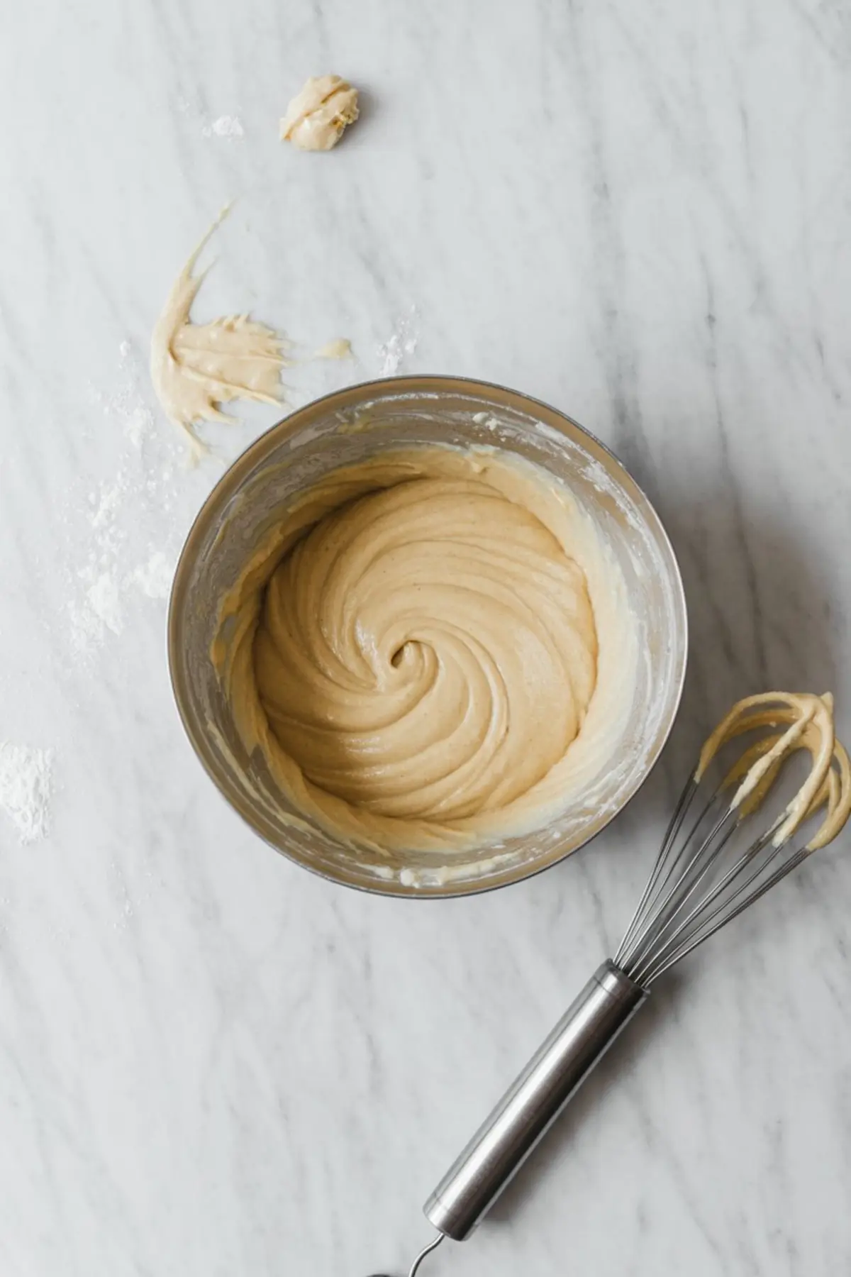 Stainless steel mixing bowl filled with smooth vanilla cupcake batter on a marble countertop, with a wire whisk coated in batter and flour dust scattered around.
