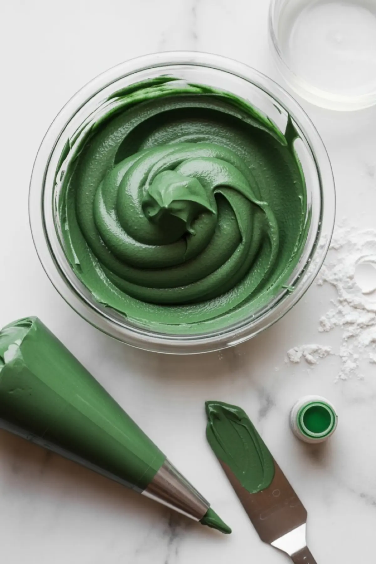 Glass bowl filled with rich green buttercream frosting, surrounded by a piping bag, metal spatula with frosting, and a small container of green gel food coloring on a white marble surface.

