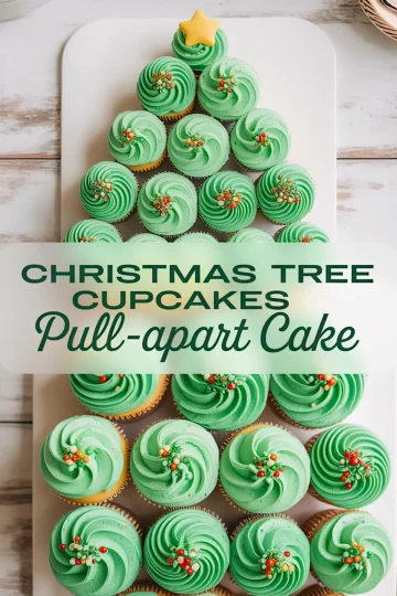 Christmas tree pull-apart cake made from cupcakes with green swirled buttercream frosting and festive sprinkles, arranged in a tree shape with a yellow star on top. A creative holiday dessert idea using buttercream frosting cupcakes.