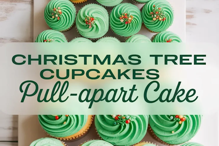 Christmas tree pull-apart cake made from cupcakes with green swirled buttercream frosting and festive sprinkles, arranged in a tree shape with a yellow star on top. A creative holiday dessert idea using buttercream frosting cupcakes.