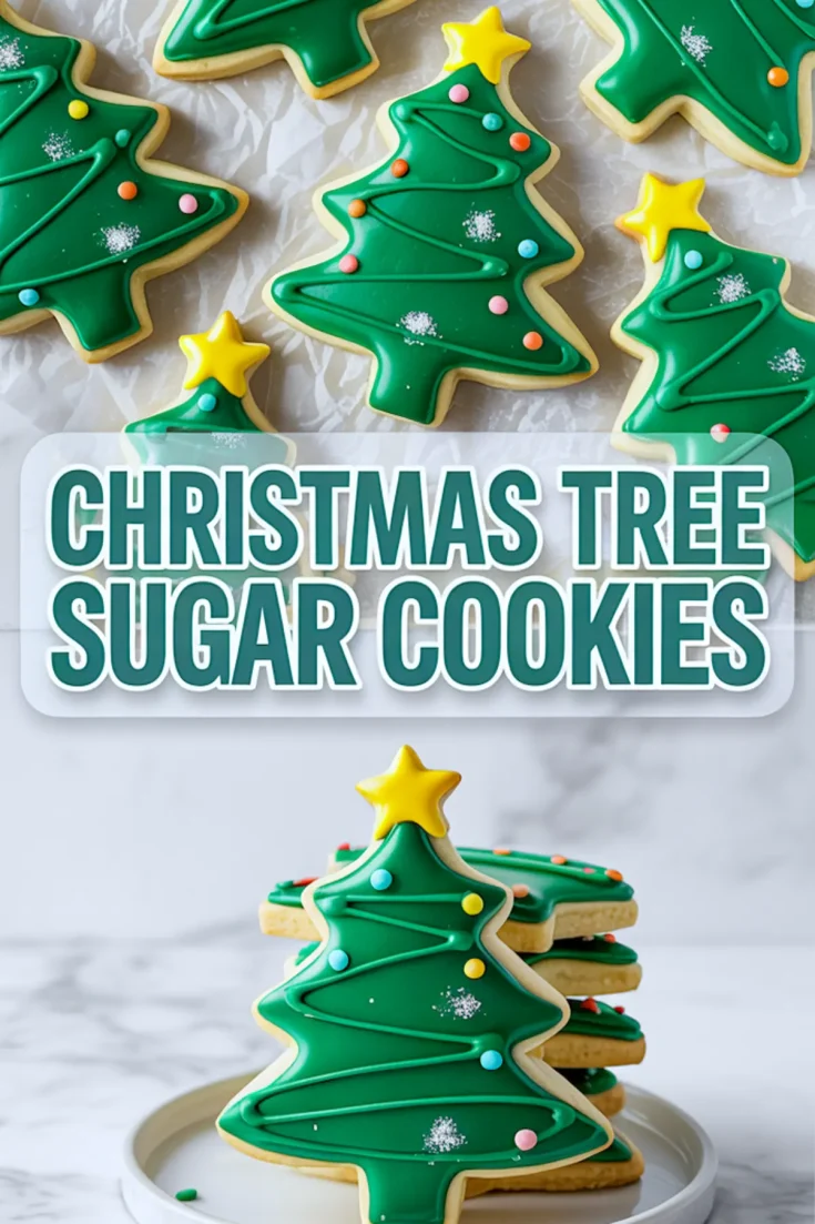 Decorated Christmas tree sugar cookies with green icing, yellow star toppers, and colorful sprinkles, arranged on crinkled parchment paper and stacked on a white plate, with text overlay reading “CHRISTMAS TREE SUGAR COOKIES.”