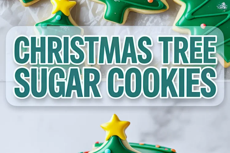 Decorated Christmas tree sugar cookies with green icing, yellow star toppers, and colorful sprinkles, arranged on crinkled parchment paper and stacked on a white plate, with text overlay reading “CHRISTMAS TREE SUGAR COOKIES.”