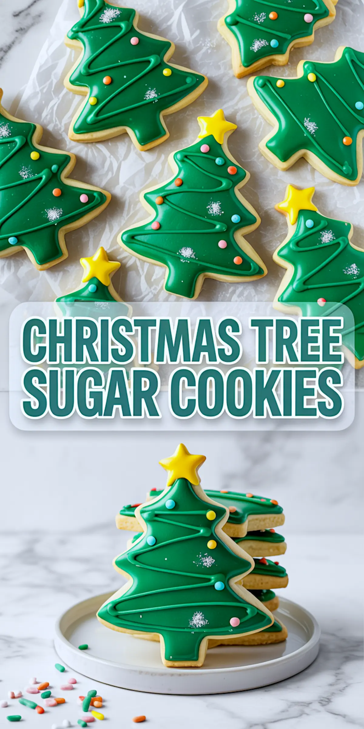 A vertical collage featuring top and bottom views of decorated Christmas tree cookies with glossy green icing, yellow star toppers, and colorful sugar dots, with bold “CHRISTMAS TREE SUGAR COOKIES” text in the middle section.

