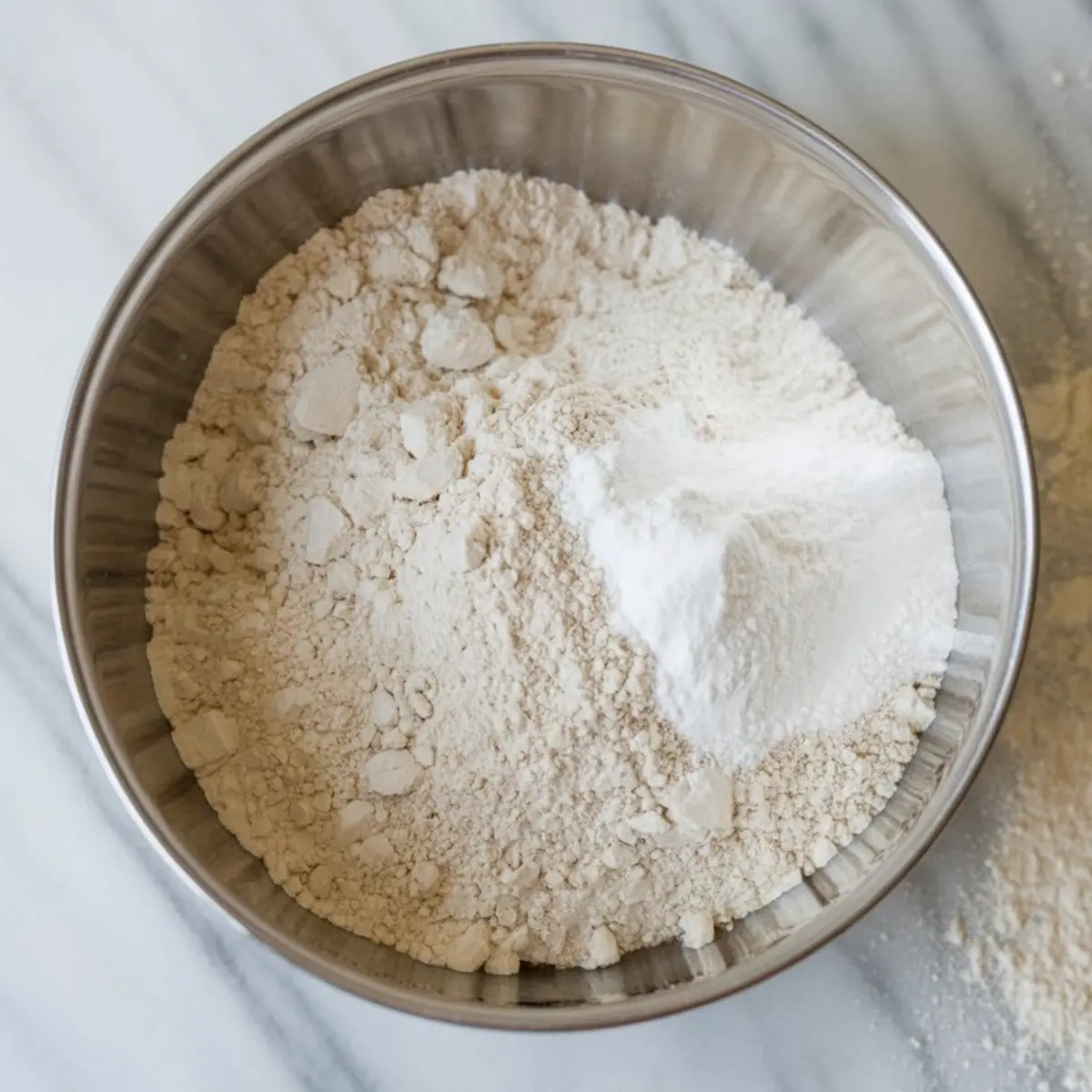 A metal mixing bowl filled with flour and a scoop of baking powder on a marble surface, showing the dry ingredients step for baking cookies.
