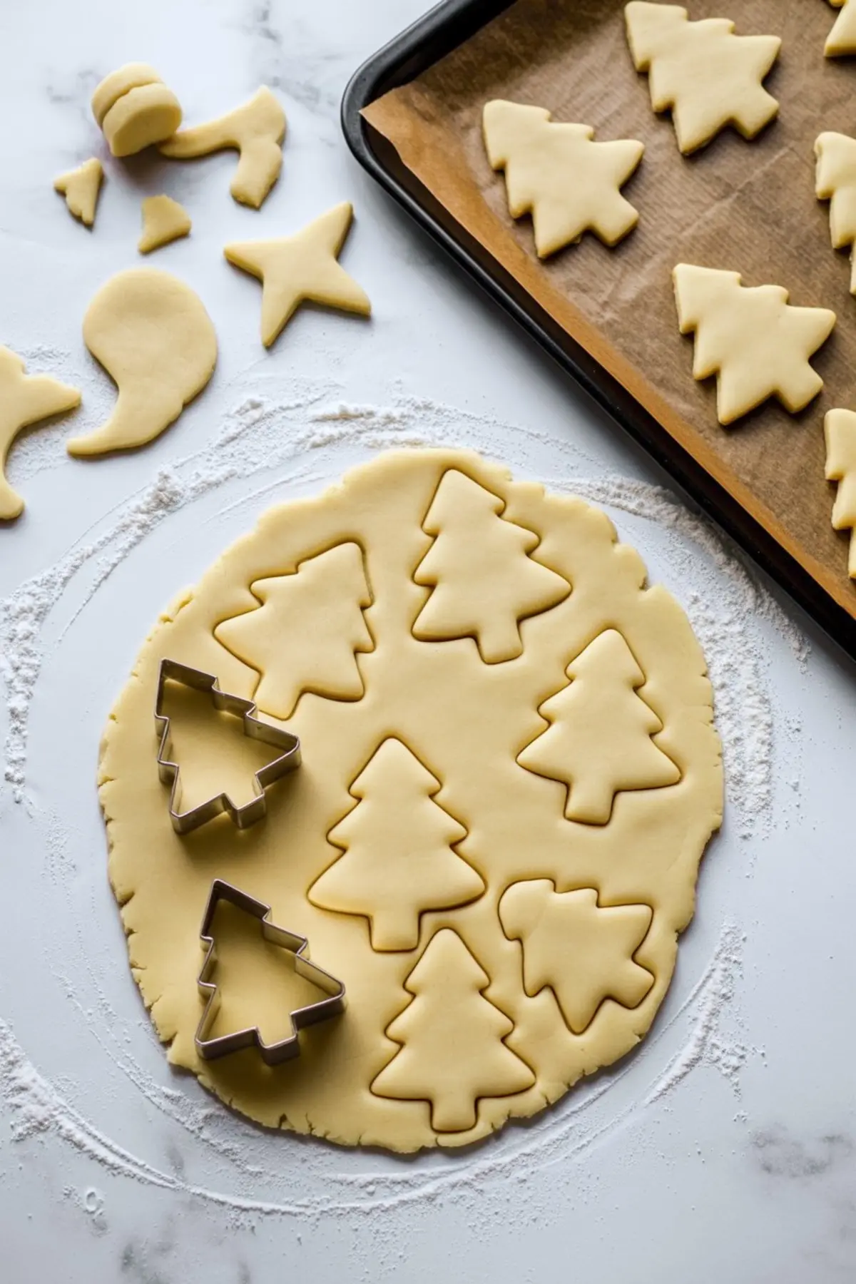 Rolled sugar cookie dough on a floured surface with Christmas tree shapes cut out using metal cookie cutters, and a baking sheet filled with unbaked tree-shaped cookies.
