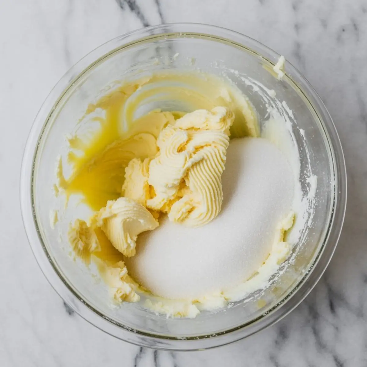 A mixing bowl containing creamed butter and a mound of granulated sugar on a marble countertop, showing the early stages of cookie dough preparation.
