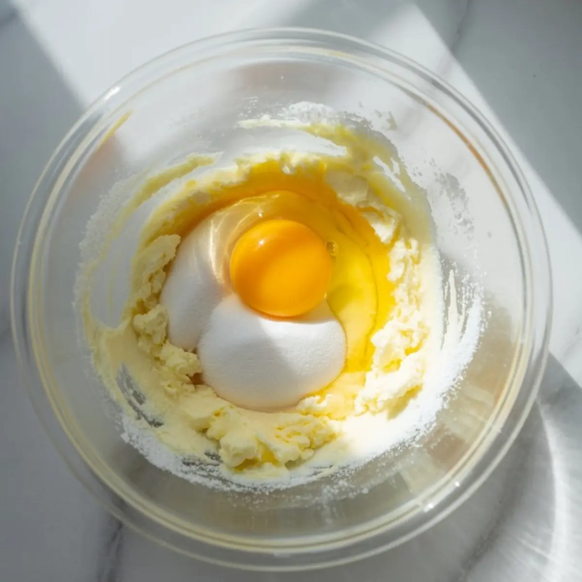 A clear glass bowl with softened butter, granulated sugar, and a raw egg yolk in the center, lit by natural light on a white marble surface.
