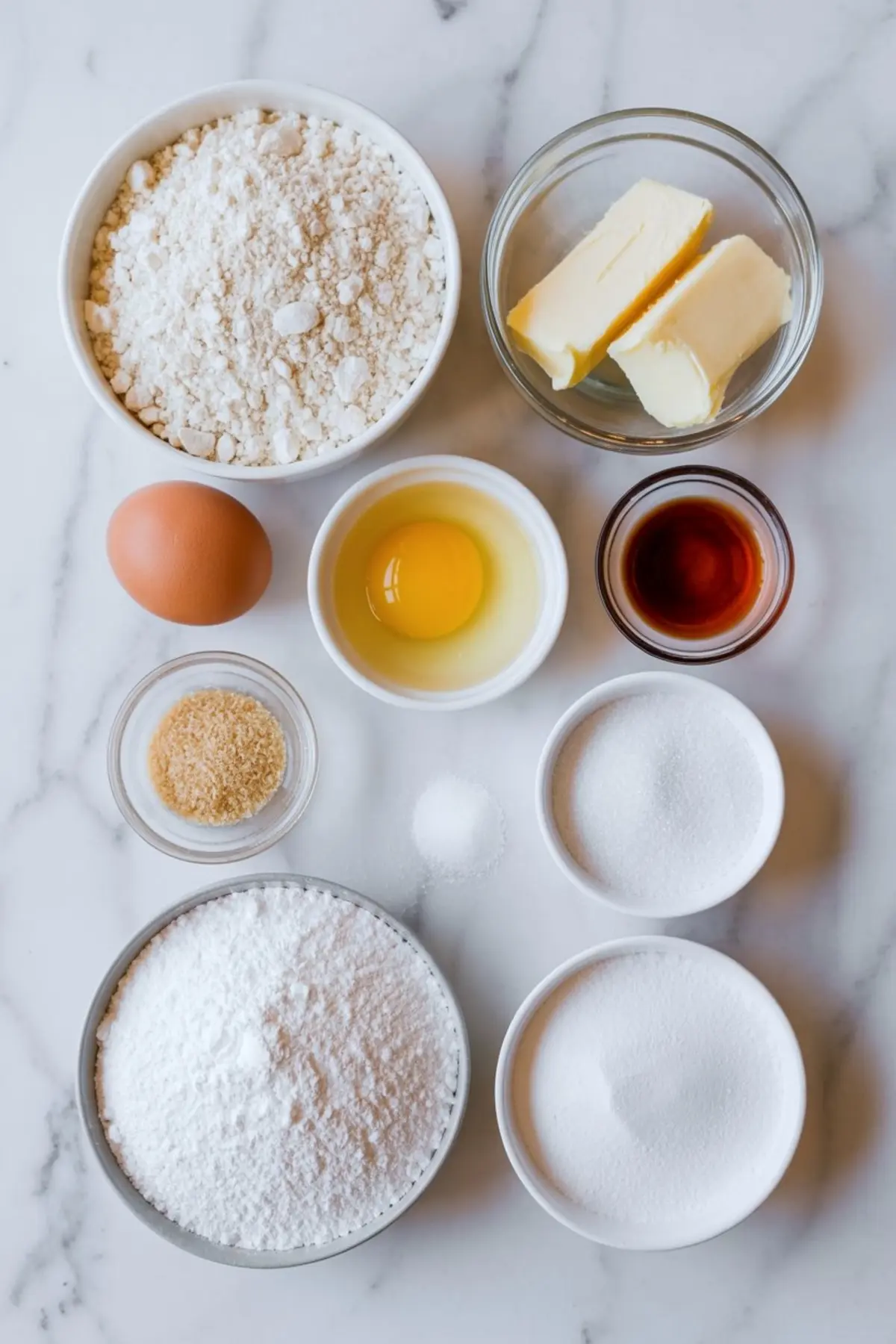 Flat lay of Christmas sugar cookie ingredients on a marble surface, including flour, butter, eggs, vanilla extract, sugar, brown sugar, powdered sugar, and salt in individual bowls.
