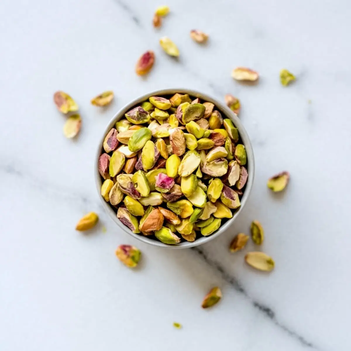 Small white bowl filled with shelled pistachios in vibrant green and purple hues, scattered pistachio nuts on a clean white marble background.