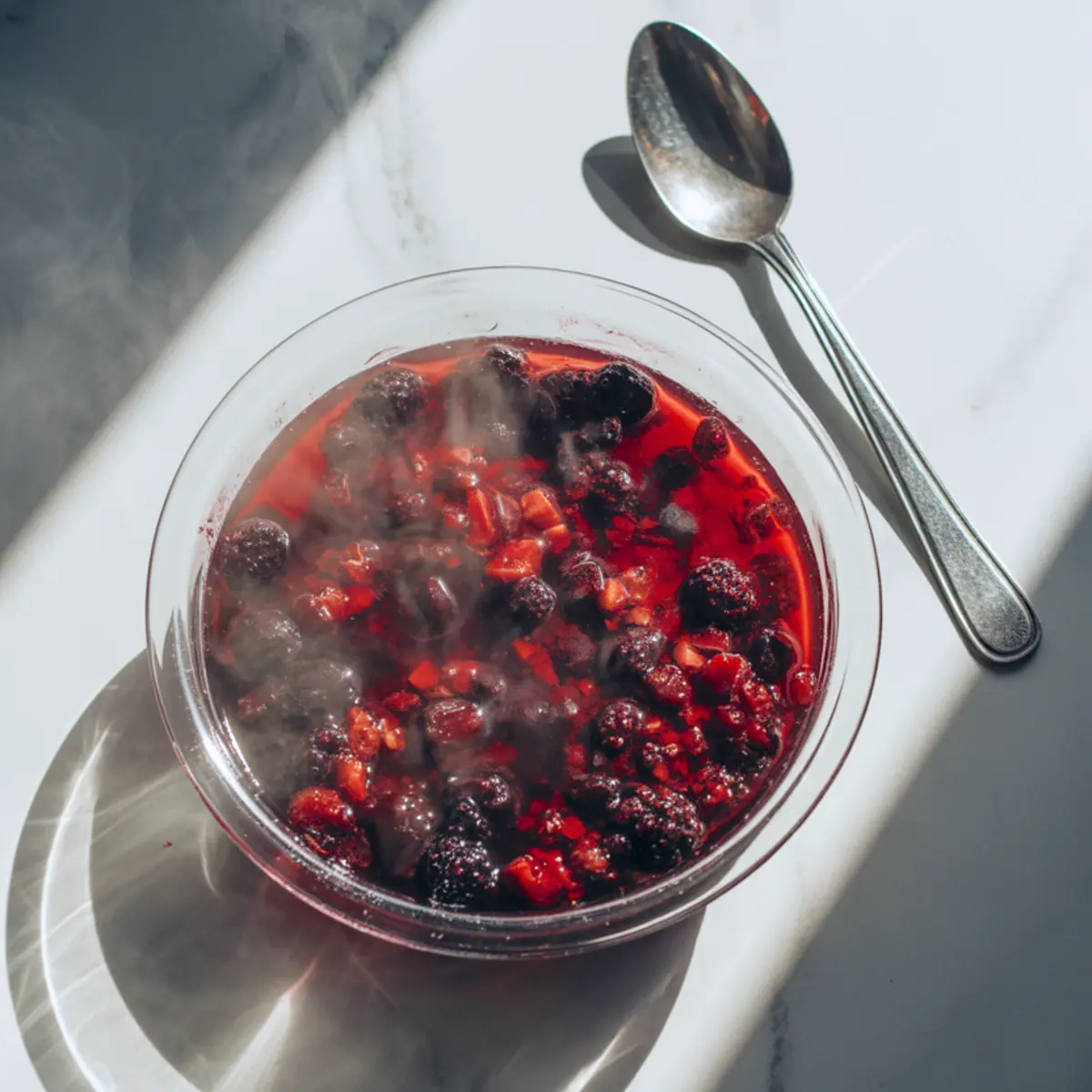 Steaming bowl of mixed berry compote with visible blackberries, raspberries, and chopped strawberries in a rich red sauce, placed on a white marble surface beside a silver spoon.
