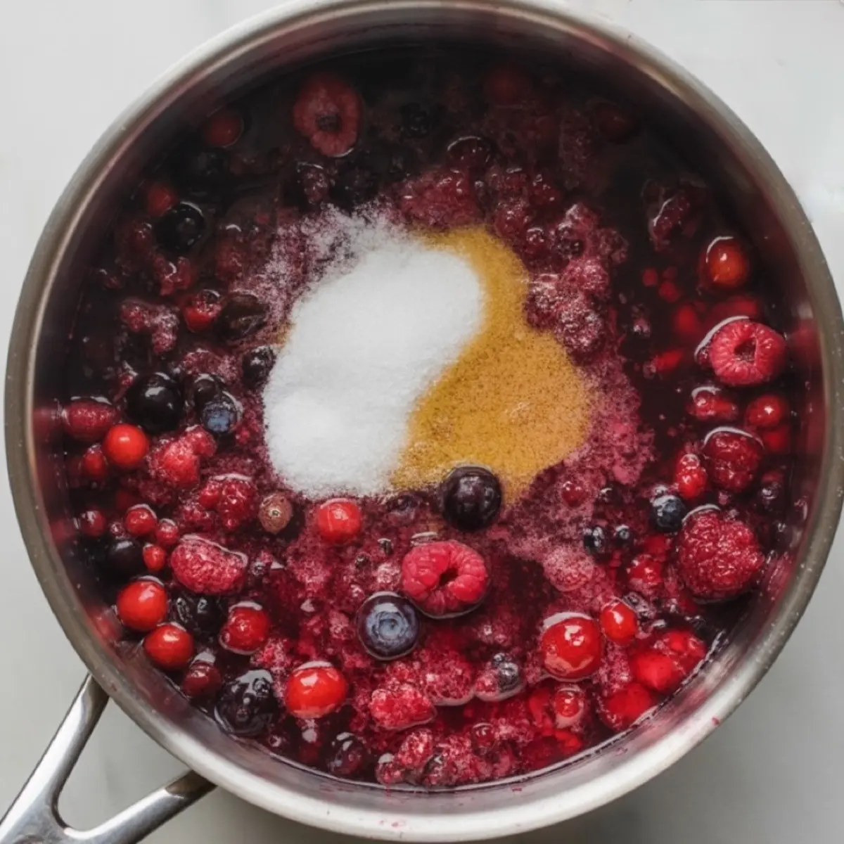 Saucepan filled with bubbling mixed berries including raspberries, blueberries, and cranberries, topped with granulated sugar and golden brown sugar, set against a white countertop.
