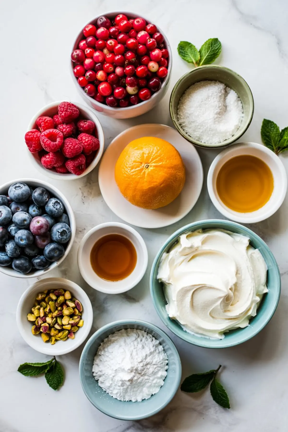 Flat lay of Christmas trifle ingredients including fresh cranberries, raspberries, blueberries, an orange, pistachios, whipped cream, powdered sugar, granulated sugar, maple syrup, and vanilla extract, arranged in bowls on white marble with mint leaves.