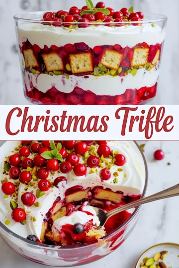 Collage showing a Christmas trifle dessert with layers of whipped cream, berry compote, pistachios, and sponge cake cubes, topped with fresh cranberries and mint; bottom half shows a spoonful scooped out revealing berry-soaked layers.