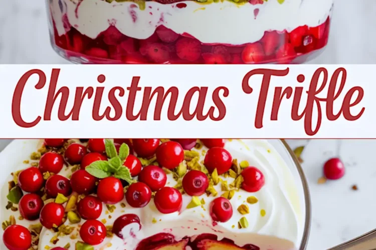 Collage showing a Christmas trifle dessert with layers of whipped cream, berry compote, pistachios, and sponge cake cubes, topped with fresh cranberries and mint; bottom half shows a spoonful scooped out revealing berry-soaked layers.