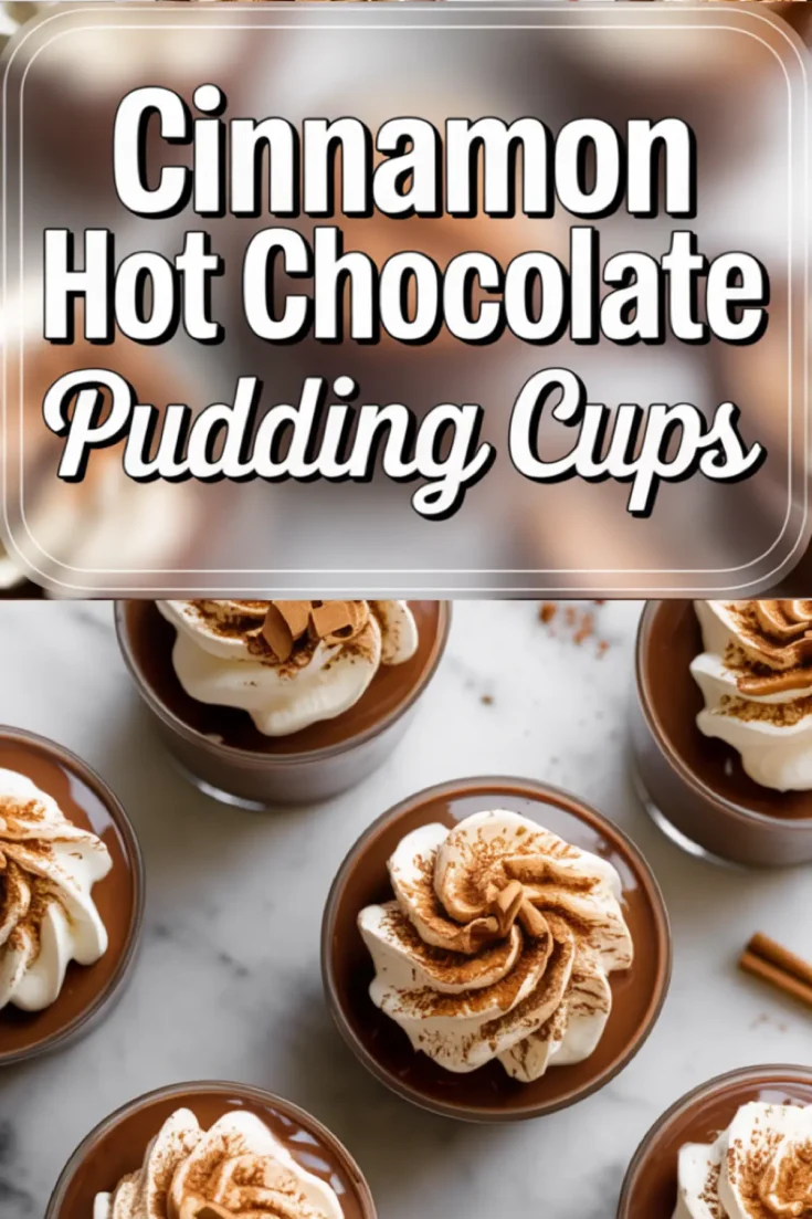 Pinterest-style collage featuring cinnamon hot chocolate pudding cups topped with piped whipped cream and sprinkled cinnamon, with a text overlay in bold font reading “Cinnamon Hot Chocolate Pudding Cups.”