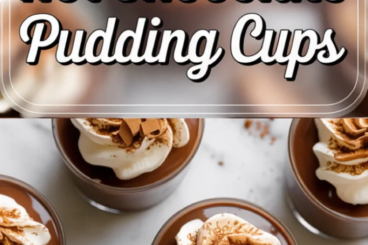Pinterest-style collage featuring cinnamon hot chocolate pudding cups topped with piped whipped cream and sprinkled cinnamon, with a text overlay in bold font reading “Cinnamon Hot Chocolate Pudding Cups.”