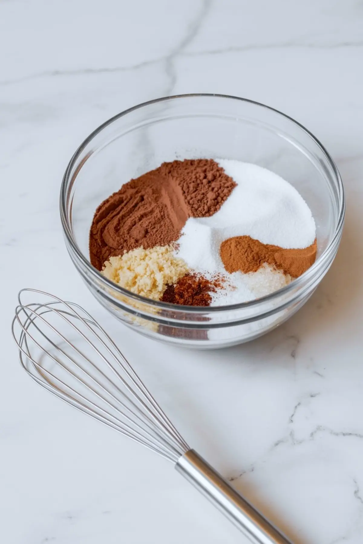 Glass mixing bowl with separated dry ingredients including cocoa powder, granulated sugar, cinnamon, brown sugar, and spices, on a marble surface next to a stainless steel whisk.
