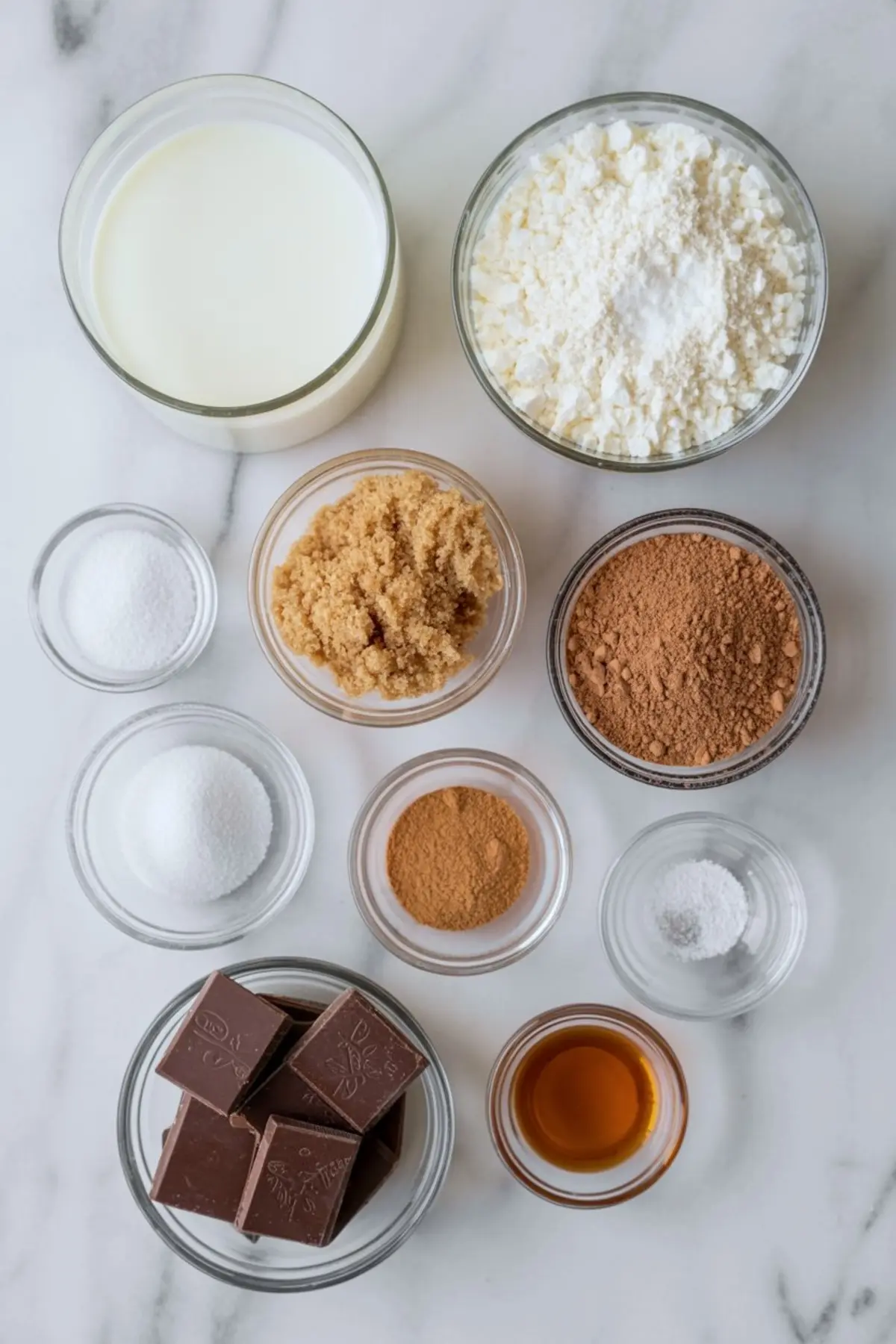 Flat lay of baking ingredients in glass bowls on a white marble background, including milk, cornstarch, brown sugar, cocoa powder, granulated sugar, cinnamon, vanilla extract, chocolate squares, and salt.
