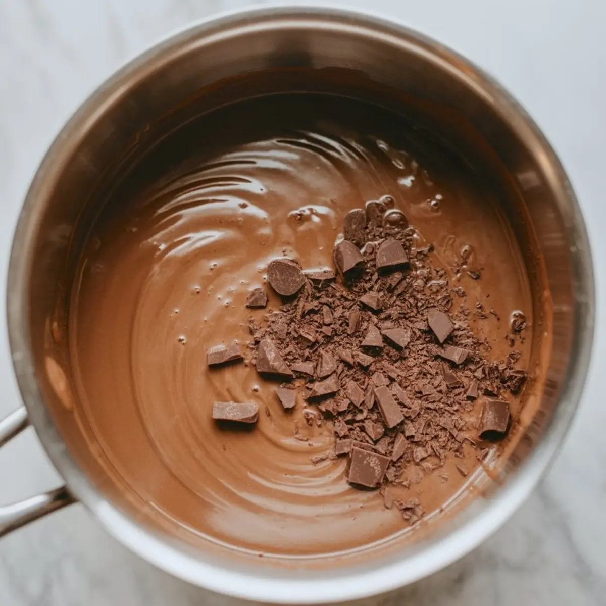 Metal saucepan filled with silky melted chocolate topped with roughly chopped chocolate pieces, captured from above on a marble countertop.
