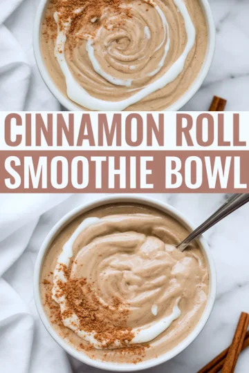 Cinnamon roll smoothie bowl collage with creamy blended base swirled with yogurt and sprinkled with cinnamon crumble, accompanied by a text overlay misspelled as “Cinnamon Roll Smothie Bowl.”
