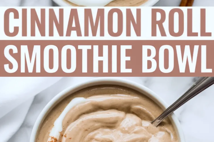 Cinnamon roll smoothie bowl collage with creamy blended base swirled with yogurt and sprinkled with cinnamon crumble, accompanied by a text overlay misspelled as “Cinnamon Roll Smothie Bowl.”