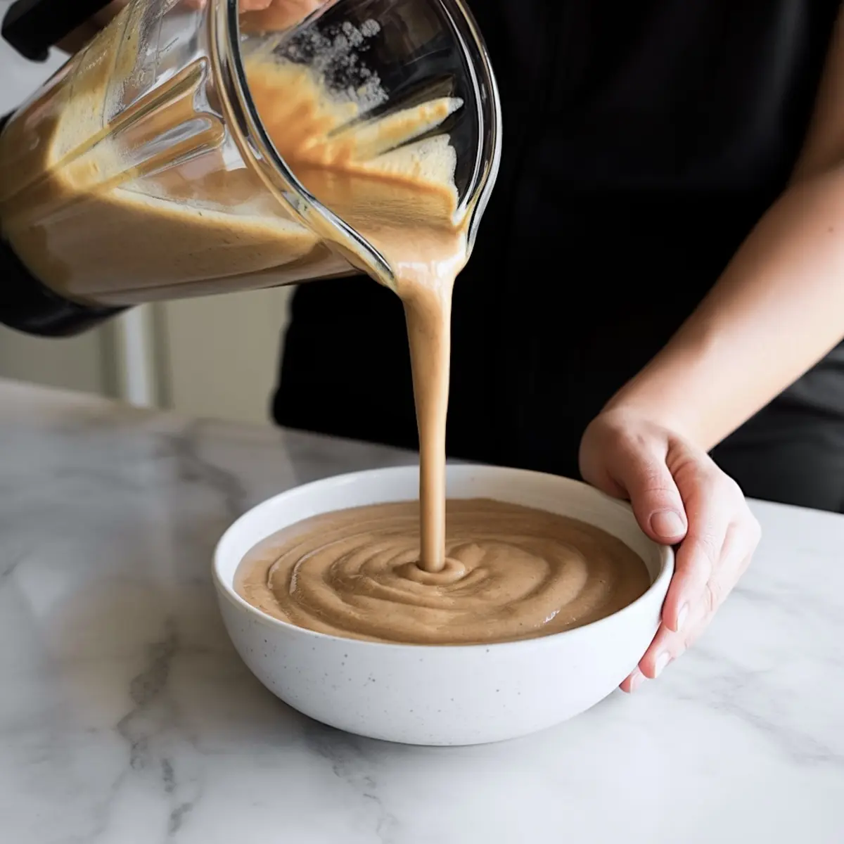 A thick cinnamon banana smoothie is being poured from a blender into a white bowl, with the smooth swirl texture forming as it fills.