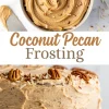 Top view of swirled coconut pecan frosting in a bowl garnished with chopped nuts, paired with a frosted layer cake covered in coconut pecan frosting and decorated with pecans and toasted coconut flakes.
