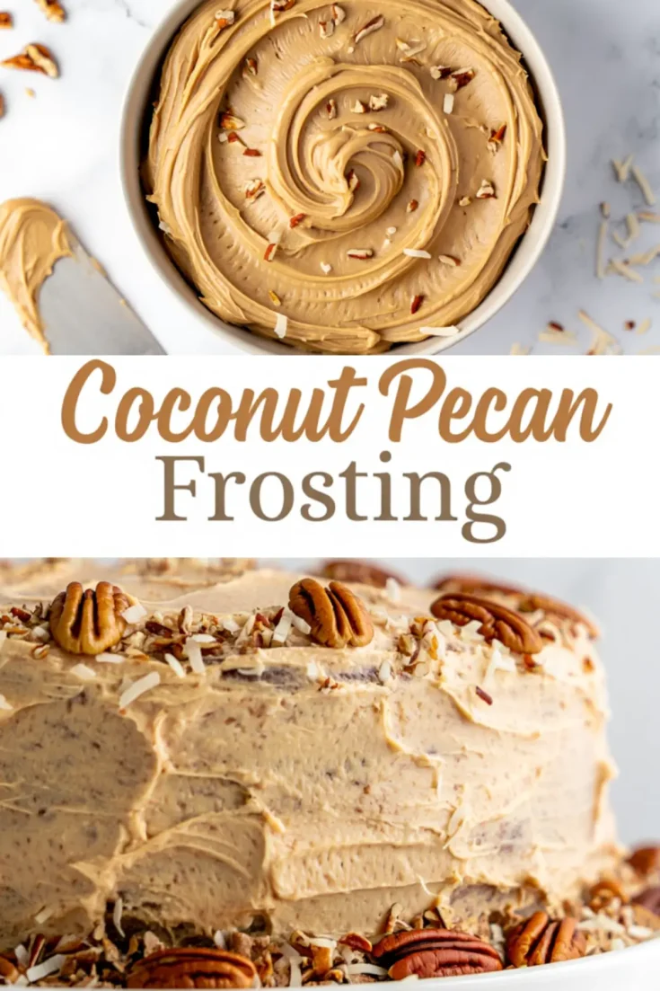 Top view of swirled coconut pecan frosting in a bowl garnished with chopped nuts, paired with a frosted layer cake covered in coconut pecan frosting and decorated with pecans and toasted coconut flakes.