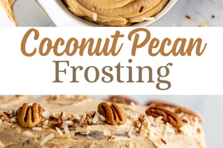 Top view of swirled coconut pecan frosting in a bowl garnished with chopped nuts, paired with a frosted layer cake covered in coconut pecan frosting and decorated with pecans and toasted coconut flakes.