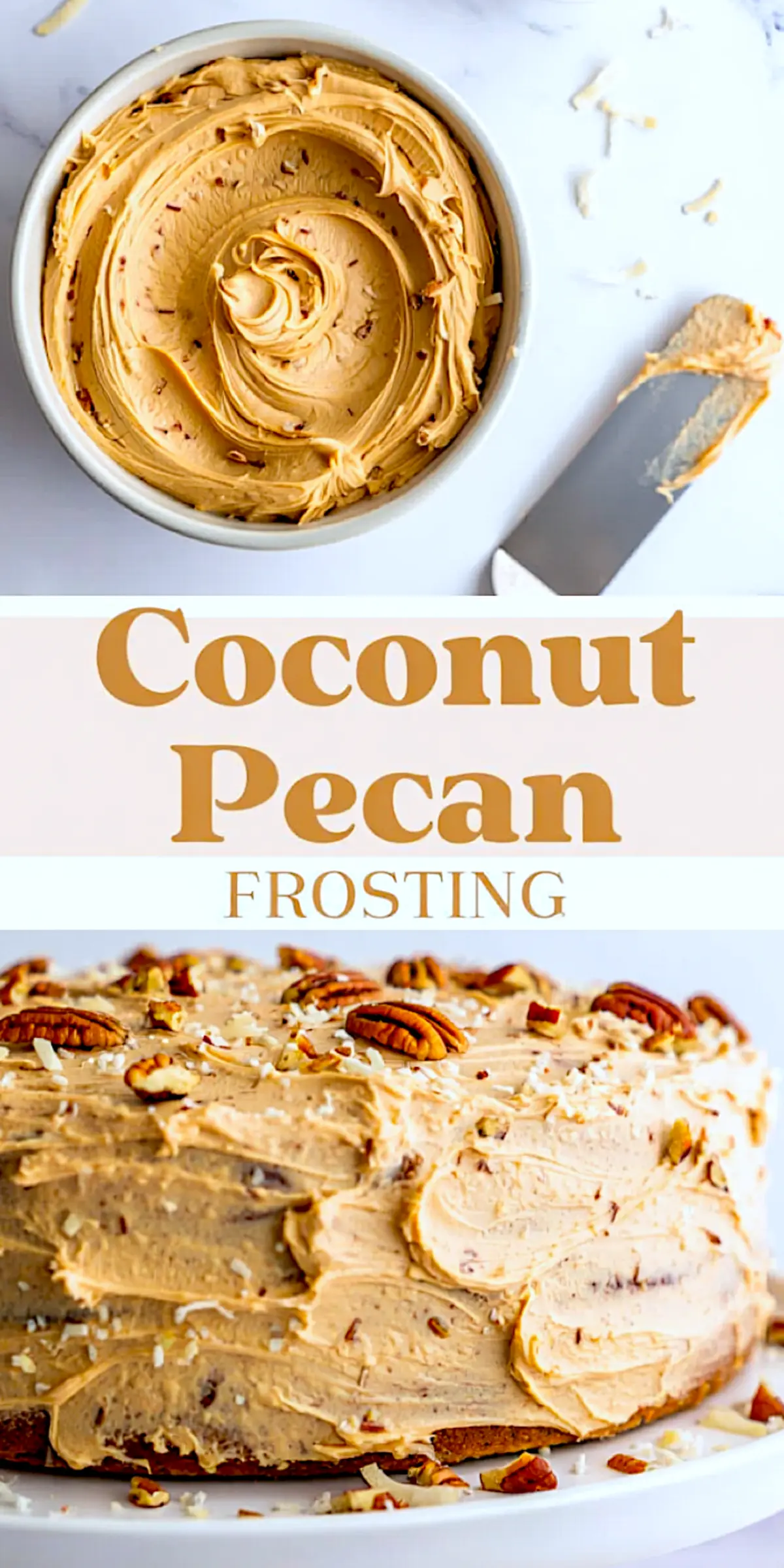 Bowl of rich coconut pecan frosting next to an offset spatula with frosting, paired with a frosted cake covered in textured coconut pecan frosting and garnished with chopped pecans and coconut shreds.