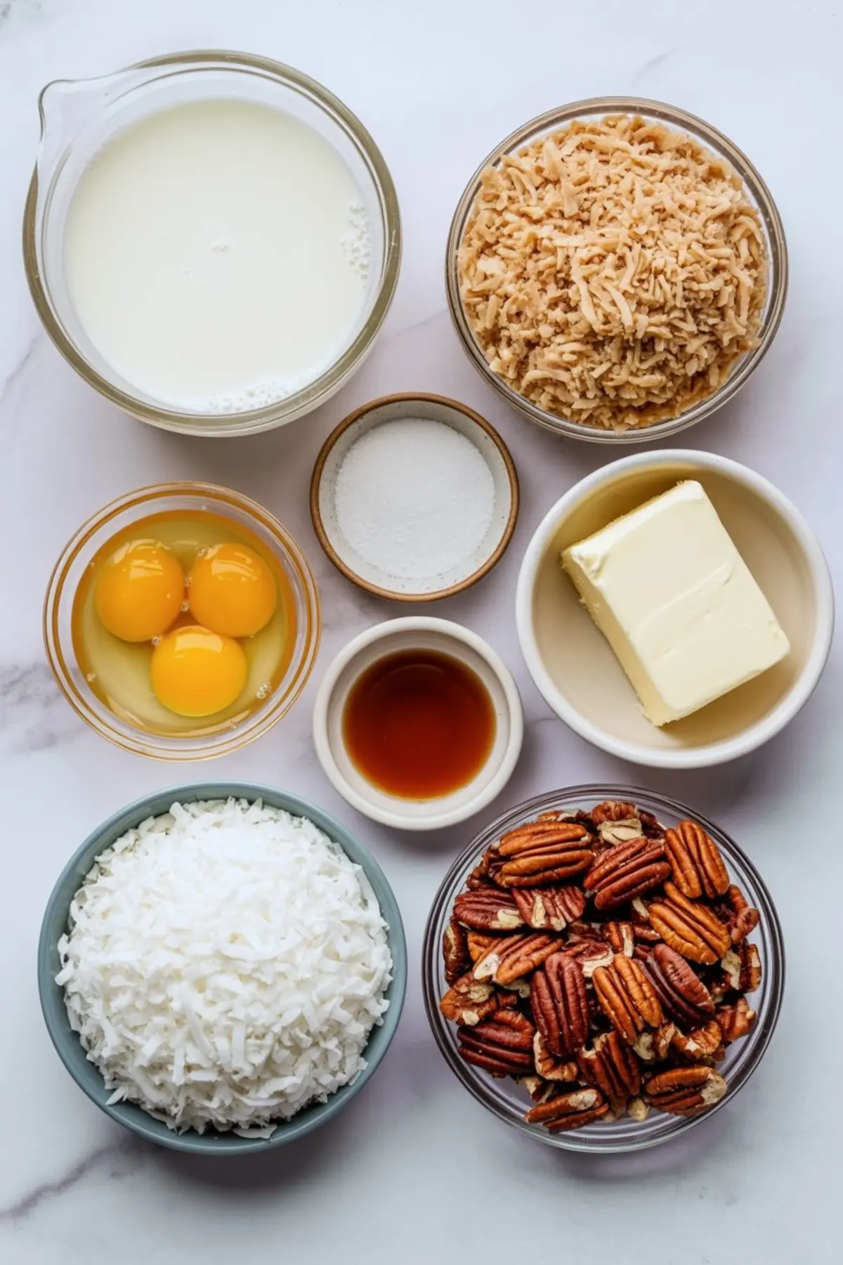 Flat lay of coconut pecan frosting ingredients on a marble surface, including milk, egg yolks, sugar, butter, vanilla extract, shredded coconut, toasted coconut, and pecan halves.