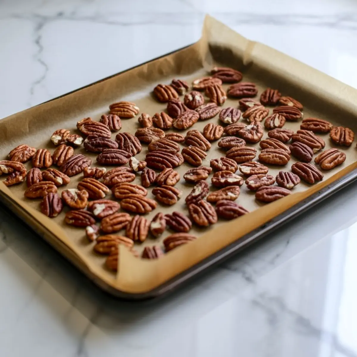 Pecans evenly spread out on a parchment-lined baking sheet, prepared for toasting on a marble countertop.