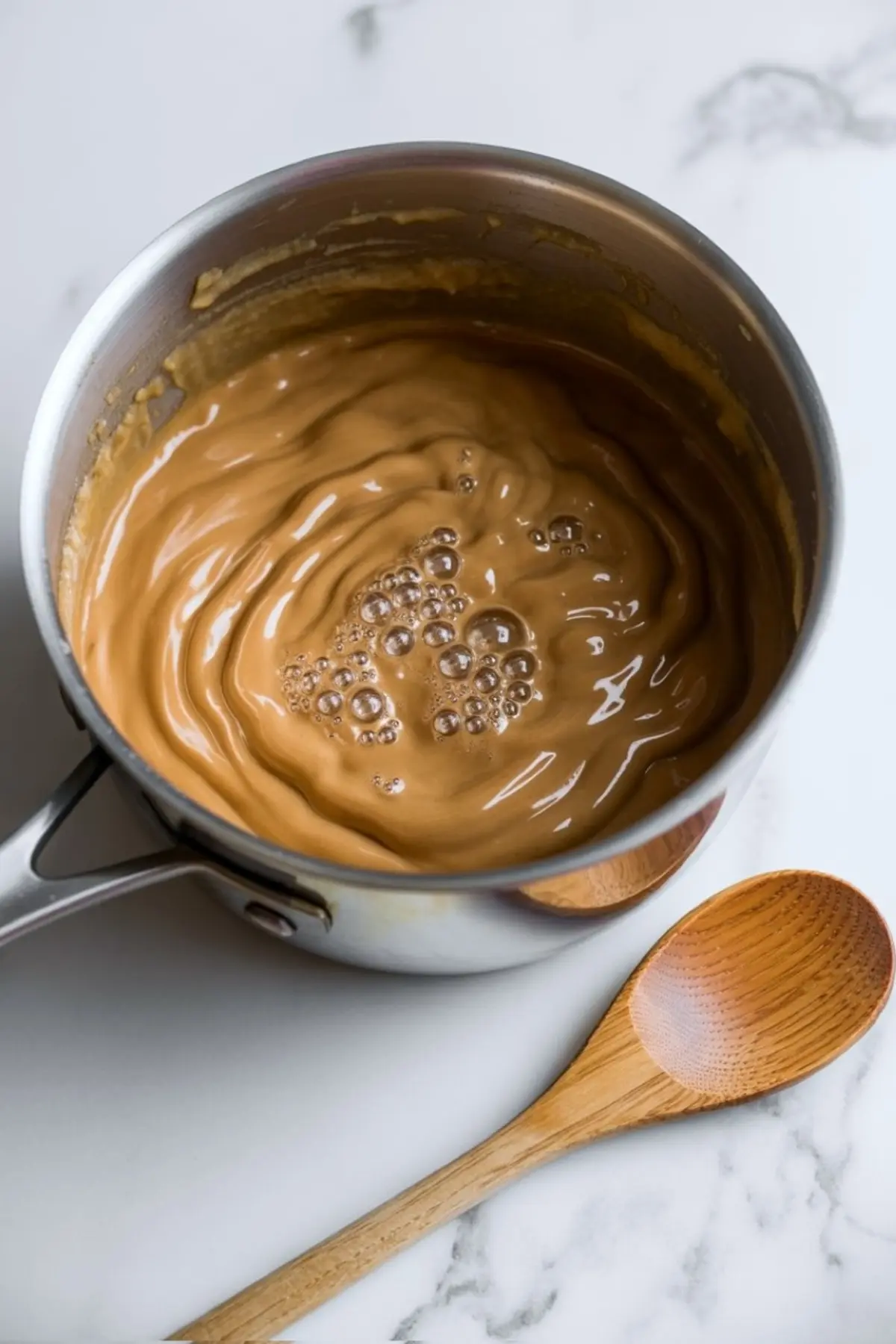 Caramel-colored frosting base bubbling inside a stainless steel saucepan, with a wooden spoon resting nearby on a marble surface.