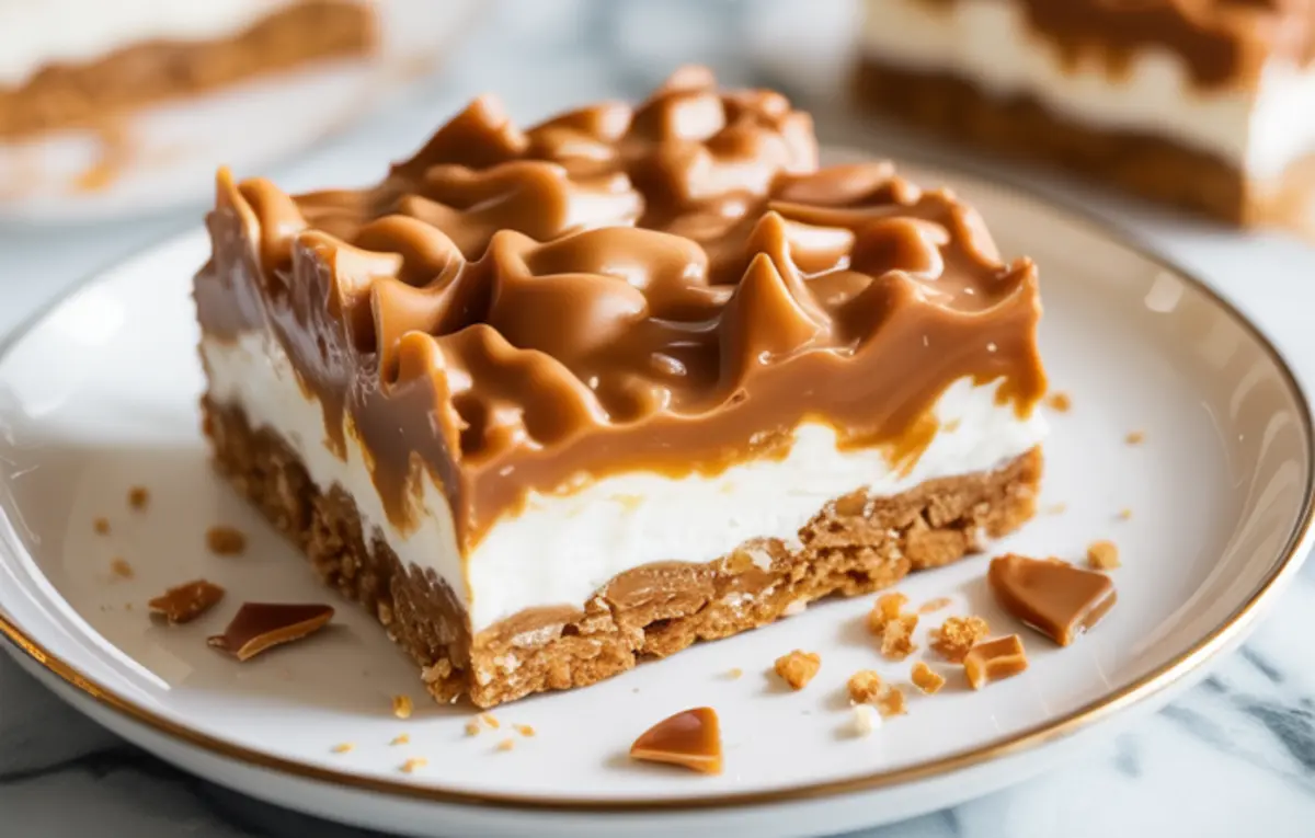 Close-up of a coconut toffee bar slice with layers of golden graham crust, creamy coconut filling, and glossy toffee topping on a white plate.
