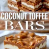 Stacked and plated coconut toffee bars featuring crisp graham cracker base, creamy coconut layer, and thick toffee topping, with bold text overlay reading “Coconut Toffee Bars.”