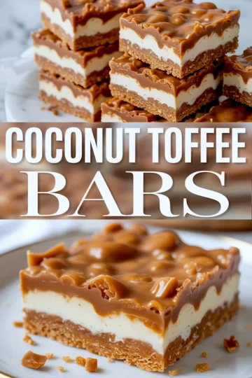 Stacked and plated coconut toffee bars featuring crisp graham cracker base, creamy coconut layer, and thick toffee topping, with bold text overlay reading “Coconut Toffee Bars.”