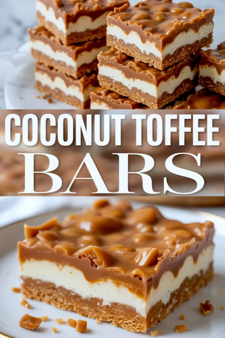 Stacked and plated coconut toffee bars featuring crisp graham cracker base, creamy coconut layer, and thick toffee topping, with bold text overlay reading “Coconut Toffee Bars.”