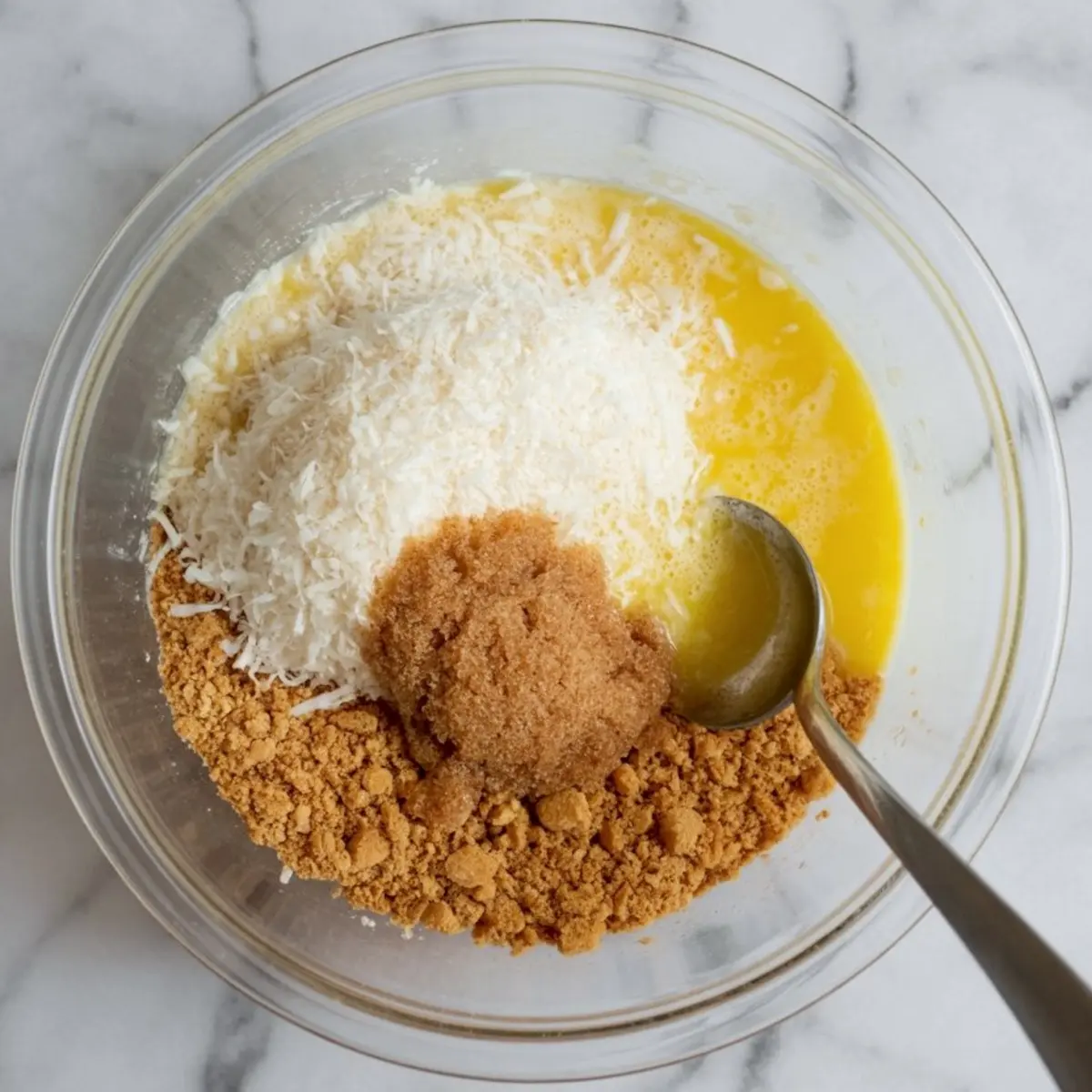 Clear mixing bowl with shredded coconut, crushed graham crackers, brown sugar, and melted butter being combined with a metal spoon on a marble countertop.
