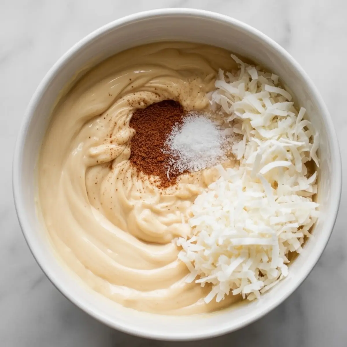 White bowl filled with creamy filling mixture of sweetened condensed milk, shredded coconut, cinnamon, and salt on a white marble surface.
