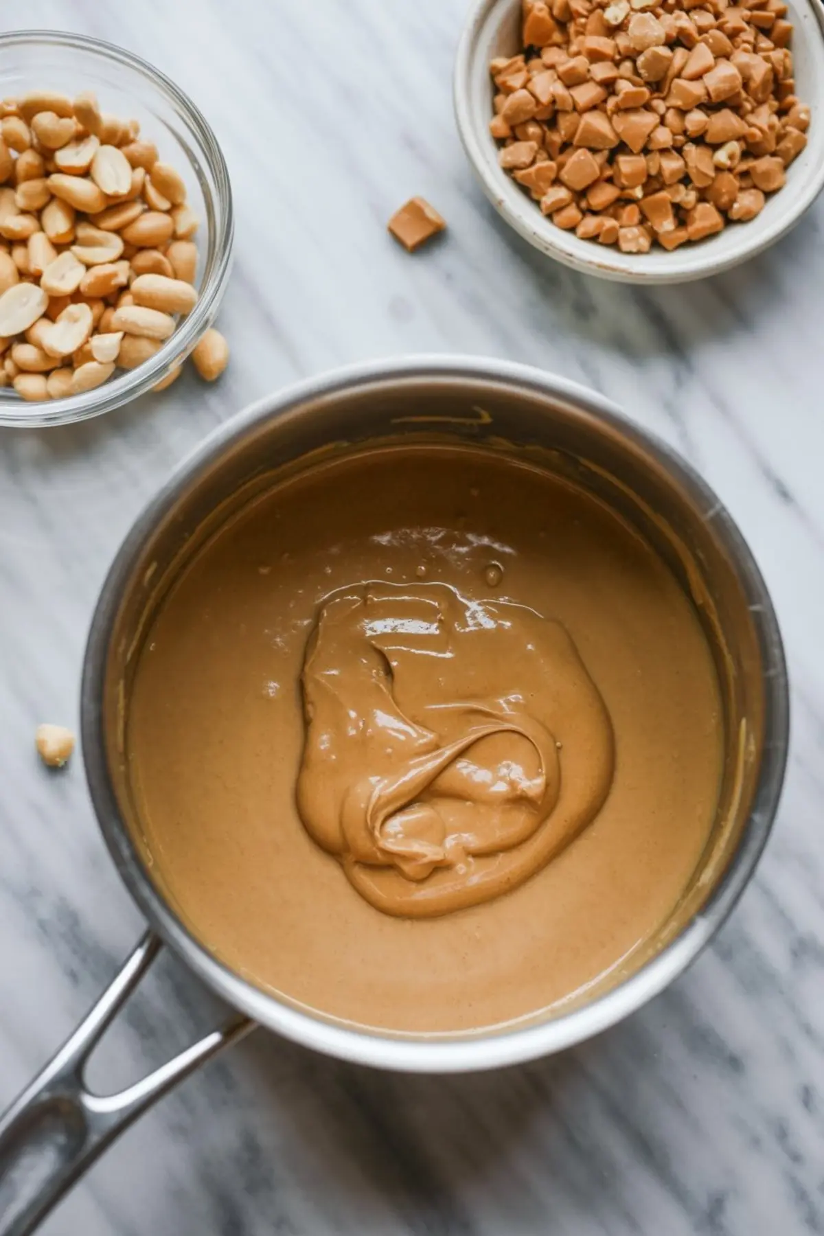 Saucepan containing smooth melted toffee mixture with bowls of chopped peanuts and toffee bits nearby on a marble countertop.
