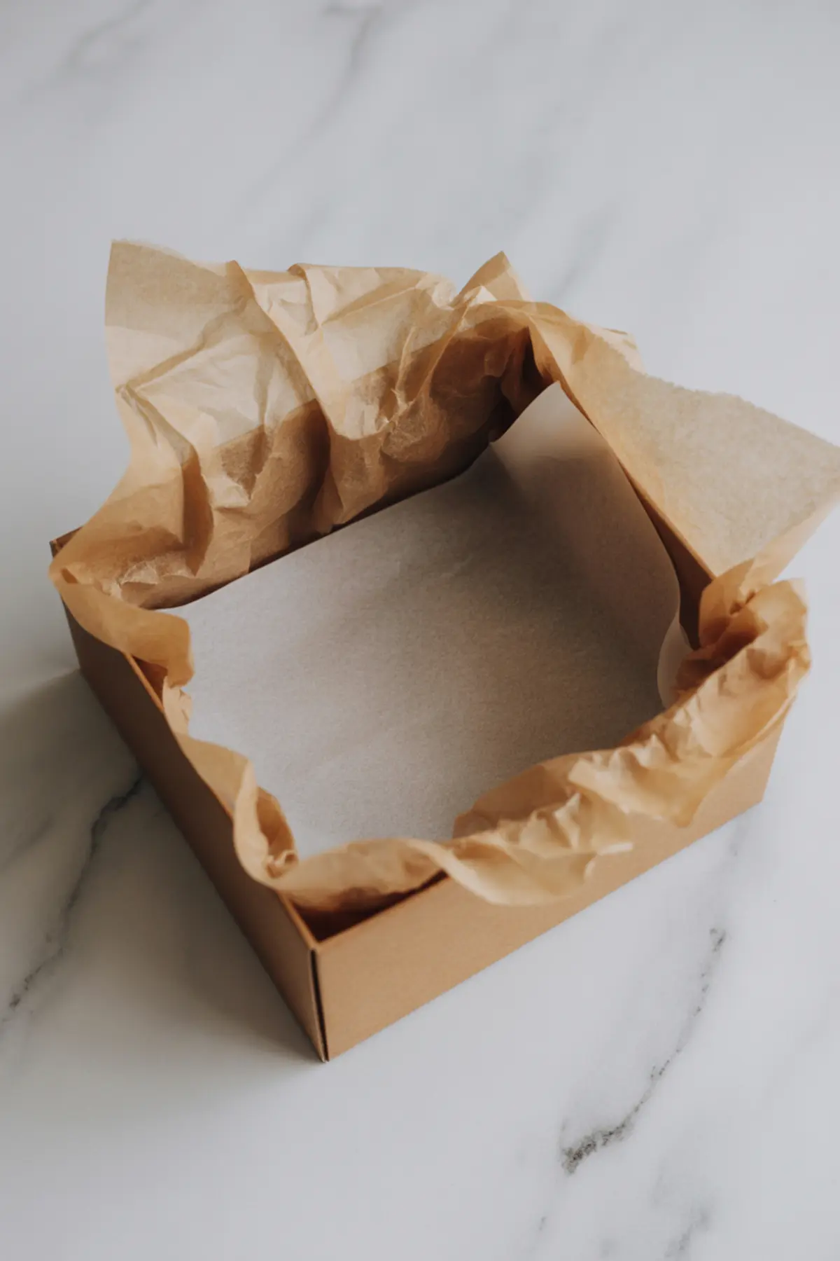 Empty kraft paper gift box lined with crinkled brown parchment paper, placed on a marble surface, ready for packaging cookies or holiday treats.