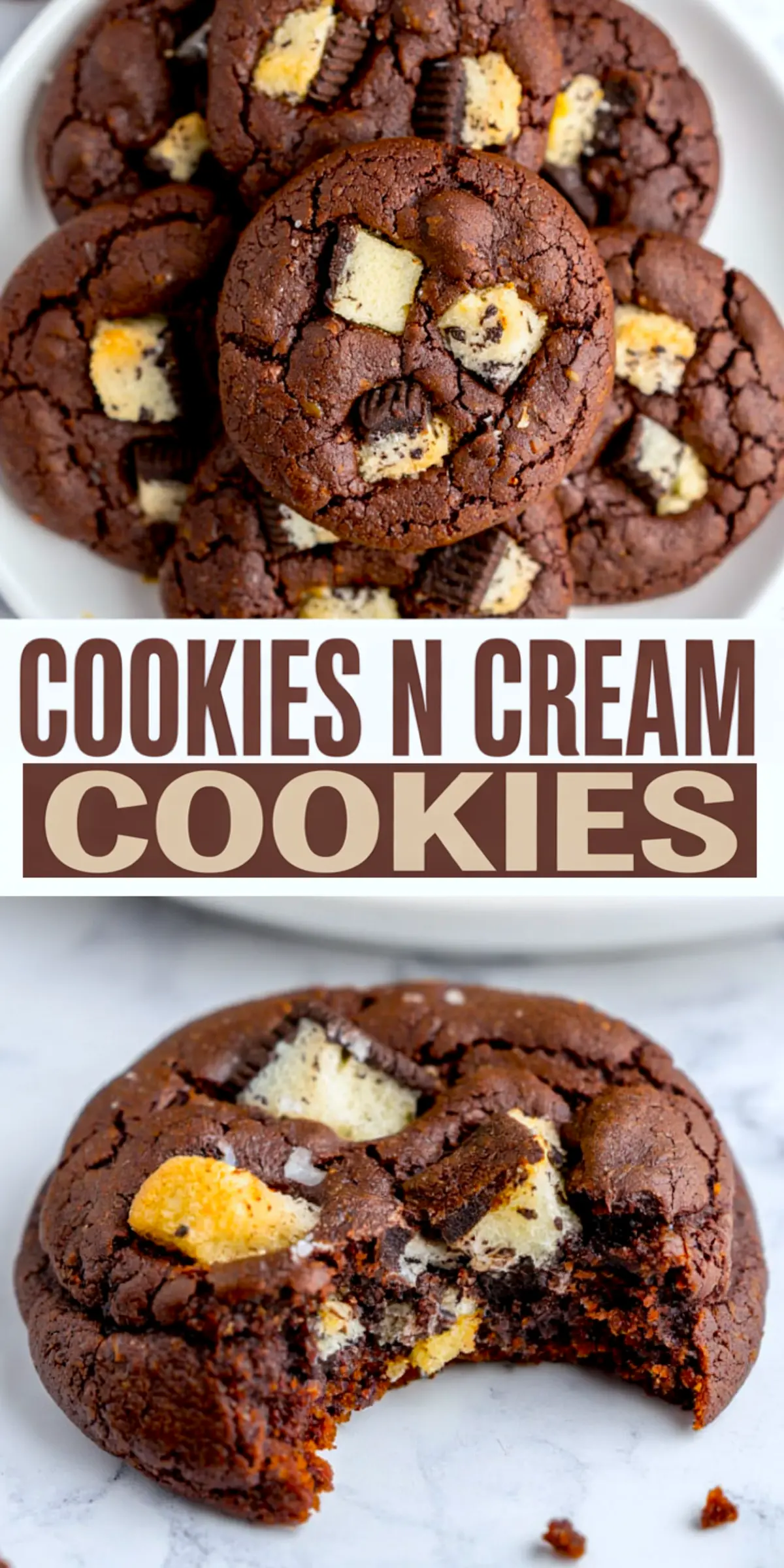 Cookies and cream chocolate cookies stacked on a plate with a bitten cookie showing soft chewy texture and cookie chunks.