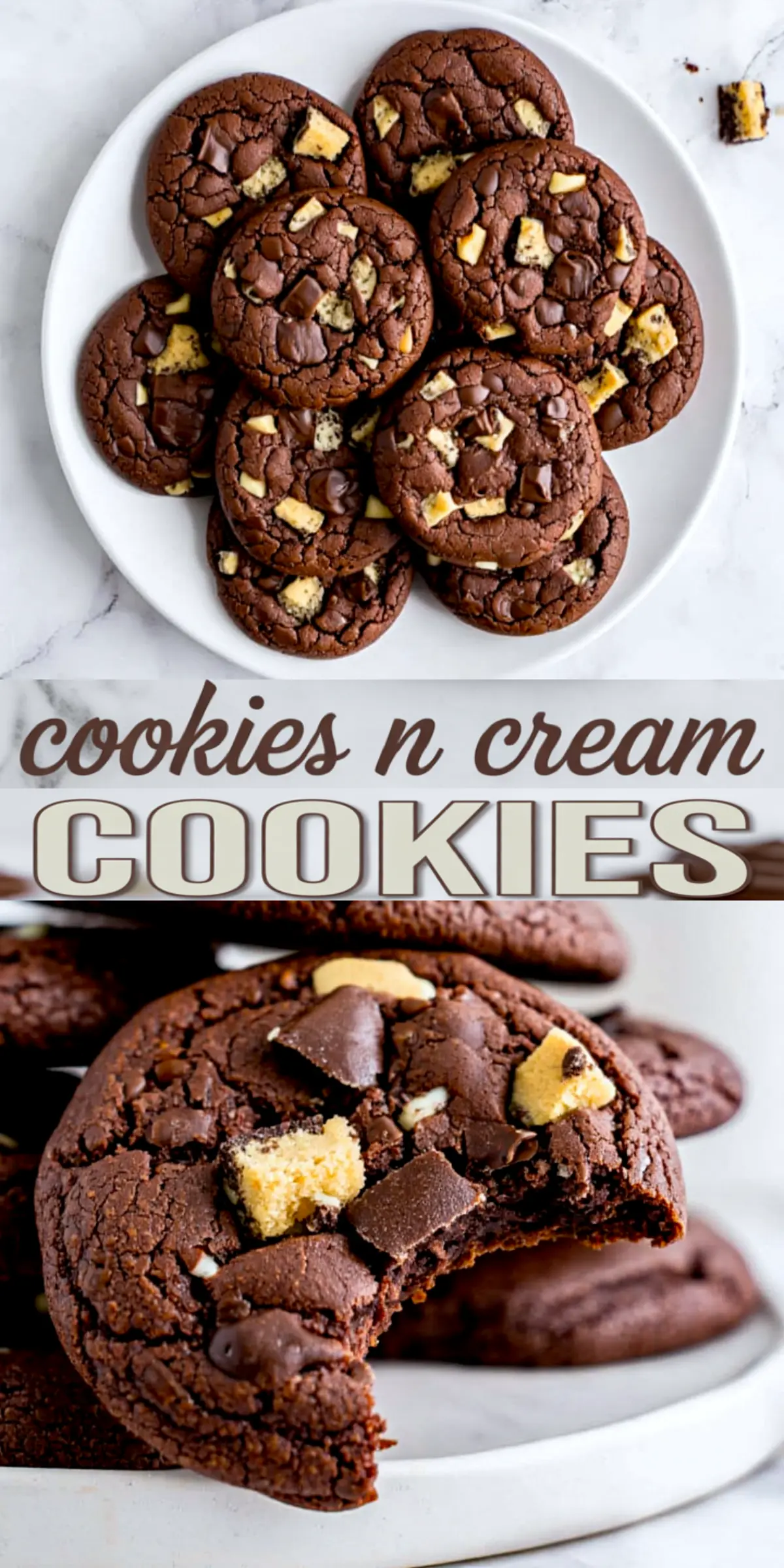 Plate of cookies and cream chocolate cookies with large cookie chunks and chocolate pieces baked into rich cocoa dough.