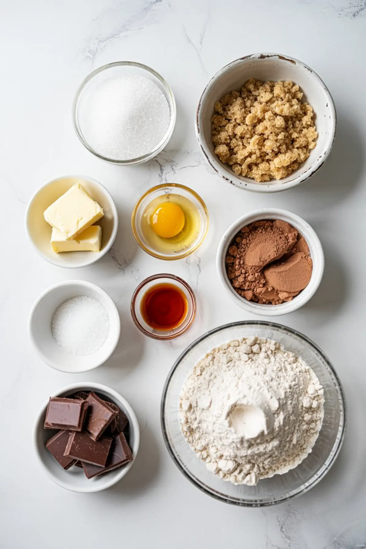 Assorted cookie ingredients arranged in bowls including flour, cocoa powder, egg, vanilla, butter, sugar, and chocolate pieces.