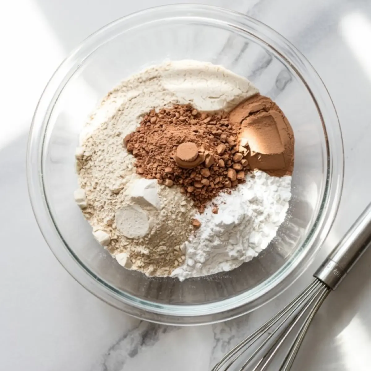 Glass bowl filled with dry baking ingredients including flour, cocoa powder, and cornstarch ready for mixing.
