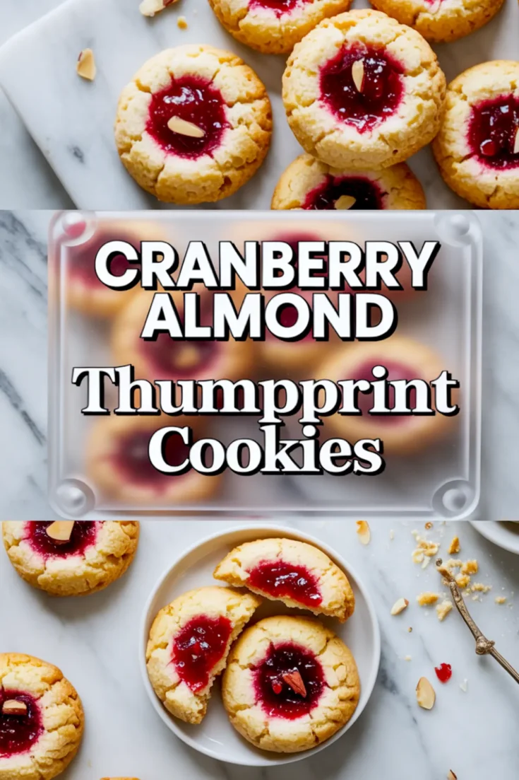 Two-image collage of cranberry almond thumbprint cookies, with the top showing golden cookies filled with vibrant cranberry jam on a marble background, and the bottom showcasing a broken cookie revealing a soft interior and glossy filling, styled with almond slices and crumbs.